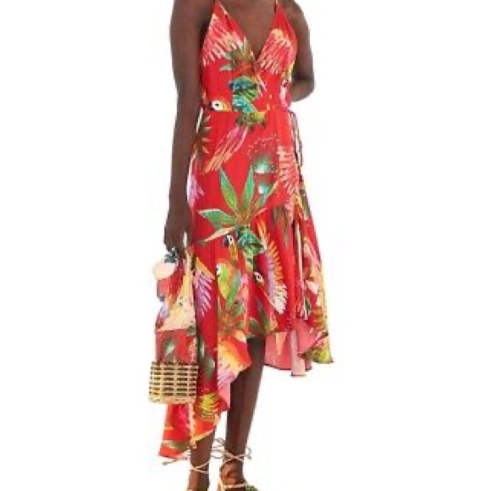 Farm Rio Red Macaw Wrap Midi Dress Size Size Sleeveless Vacation Tropical